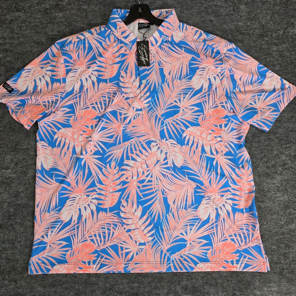Sunday‎ Swagger Polo Shirt Men 3XL Blue Orange Tropical Palm Leaf Stretch Golf